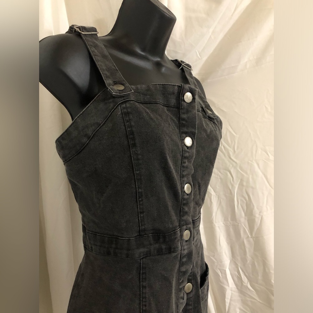 Black washed denim button front mini jumper dress size large brand new